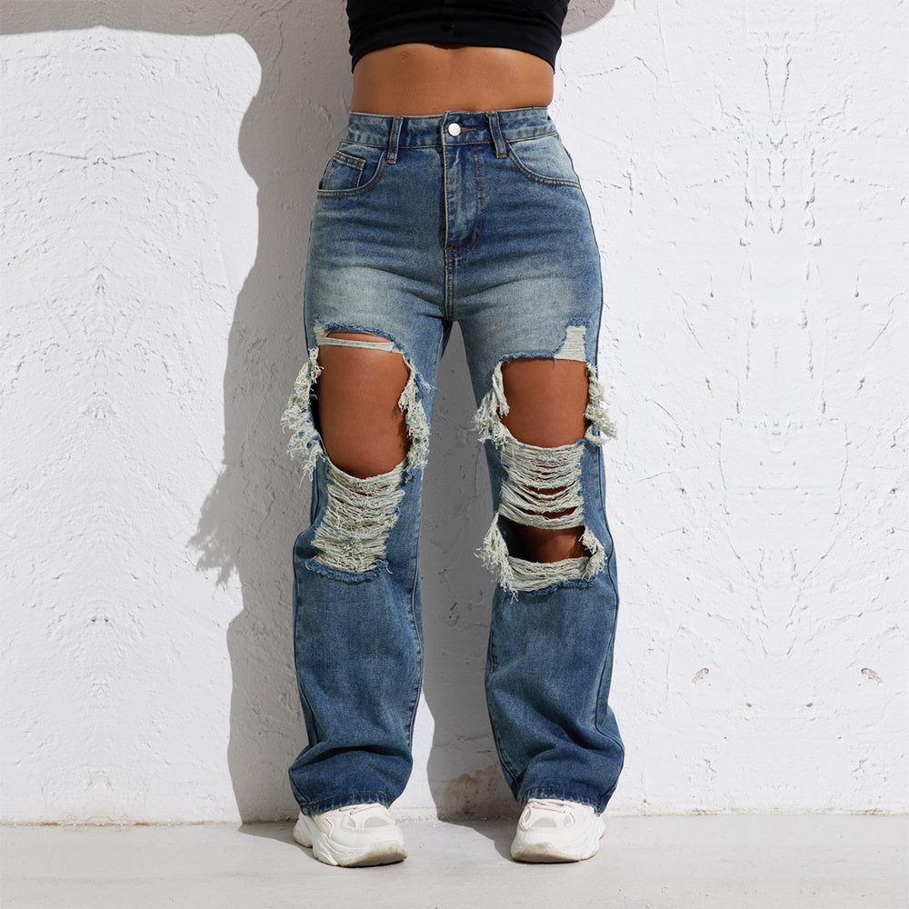 Pantalones vaqueros Shascullfites Melody Blue Wash Ripped Retro Straight Leg para mujer Pantalones vaqueros Pantalones vaqueros anchos Ropa de calle