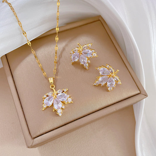 Maple Leaf Light Luxury Temperament Necklace Ear Stud Jewelry Suit Women