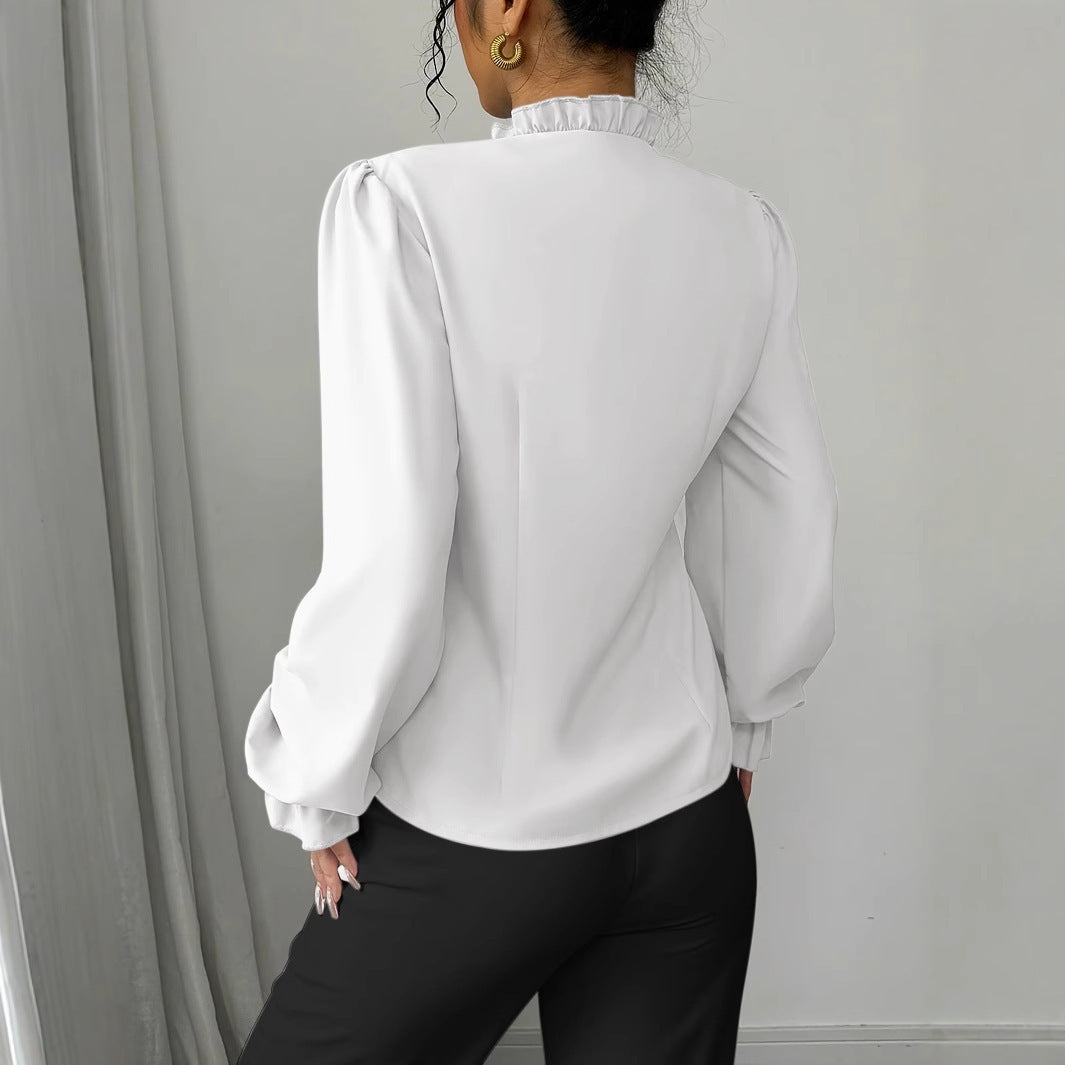 Women's Elegant French Asymmetrical Button-down Collar Ruffle Long Sleeve Blouse