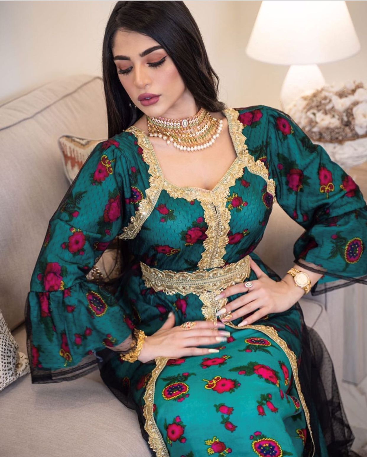 Middle Eastern Ethnic Style Printed Embroidery Lace Mesh Dress Dubai