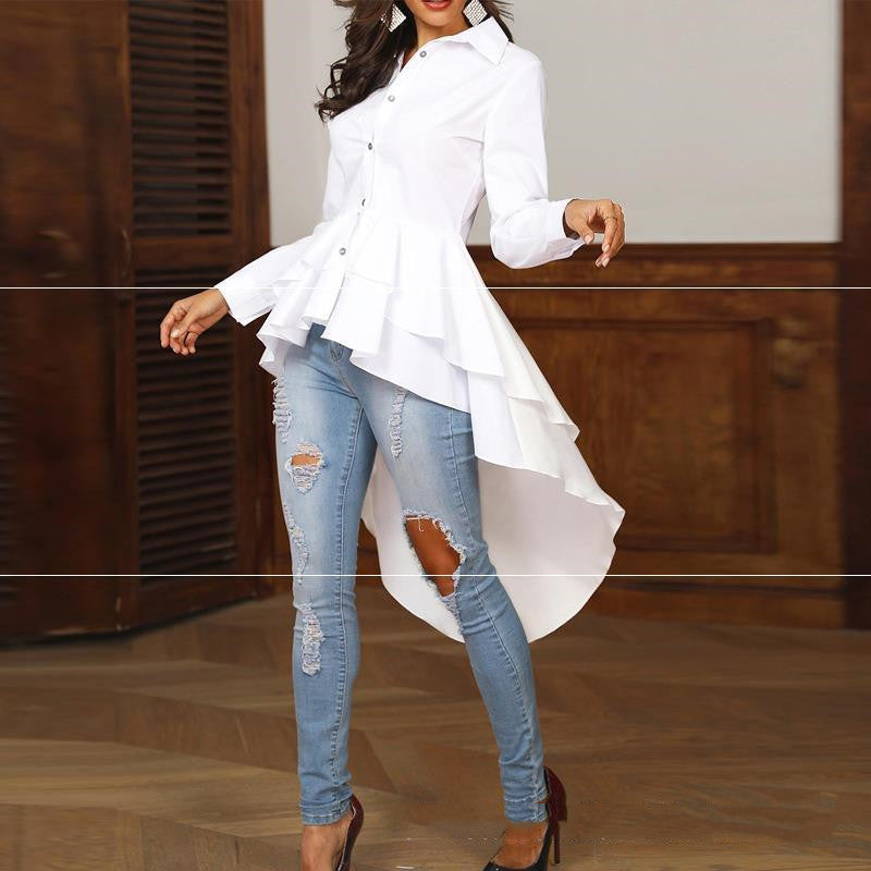 Solid Color Ladies Irregular Hem Shirt