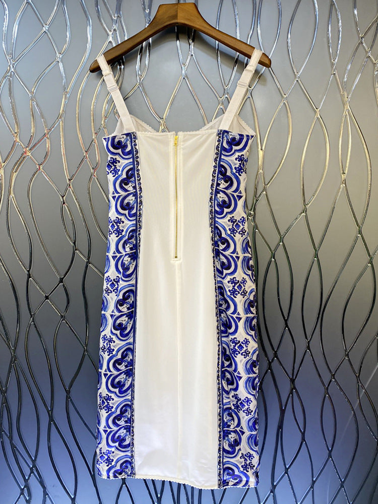 Vestido vintage sin mangas con cuello en V y estampado de porcelana azul y blanca