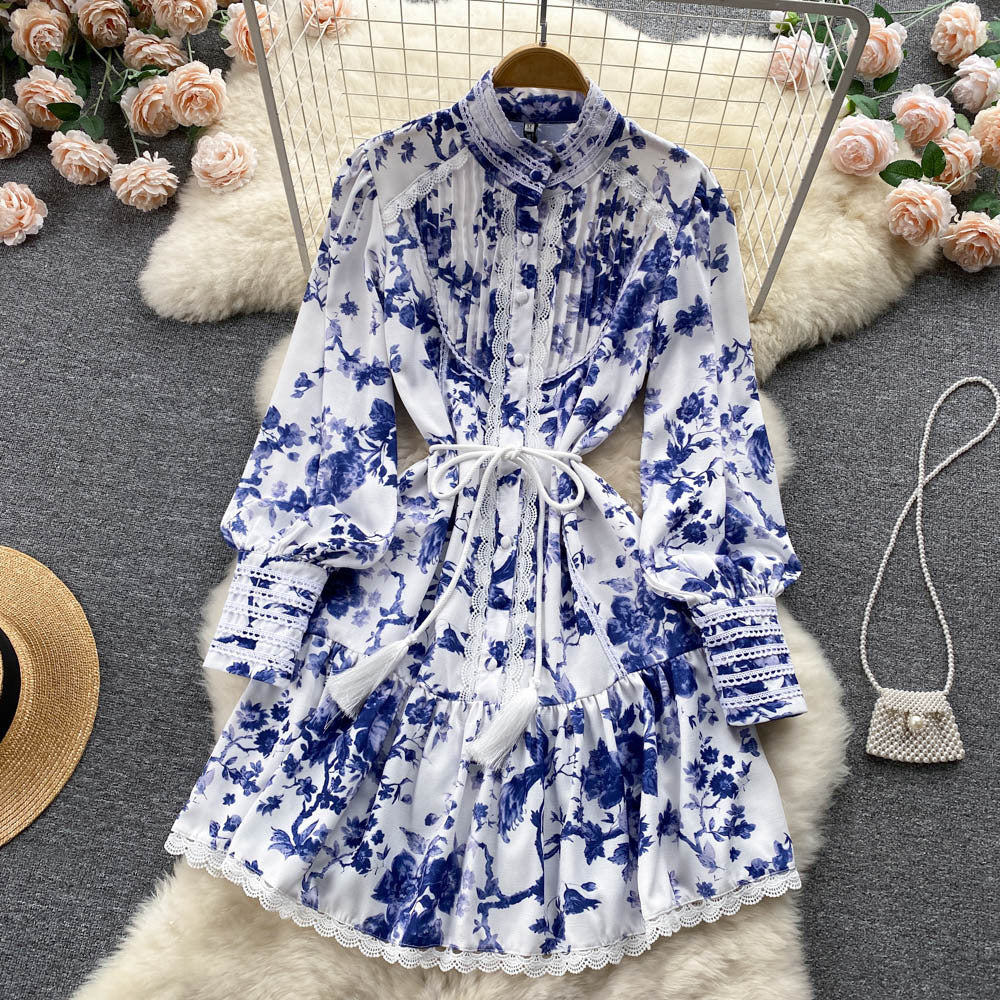 Stand-up Collar Elegant Single-breasted Puff Sleeves Fringed Waist Print Dress