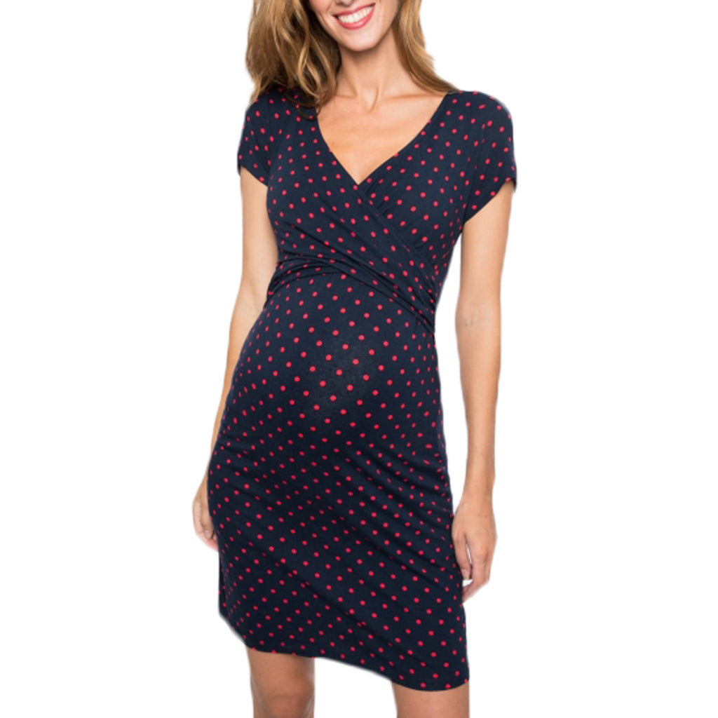 Nursing Clothes Polka Dot Print Short Sleeve V Neck Maternity Dress