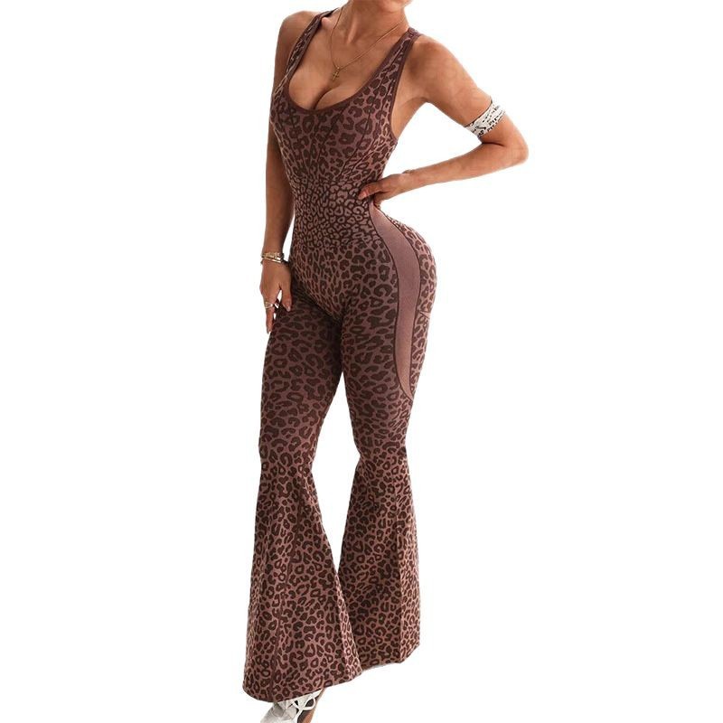 Leopard Print Printed V-neck Backless Slim Fit Halter Jumpsuit