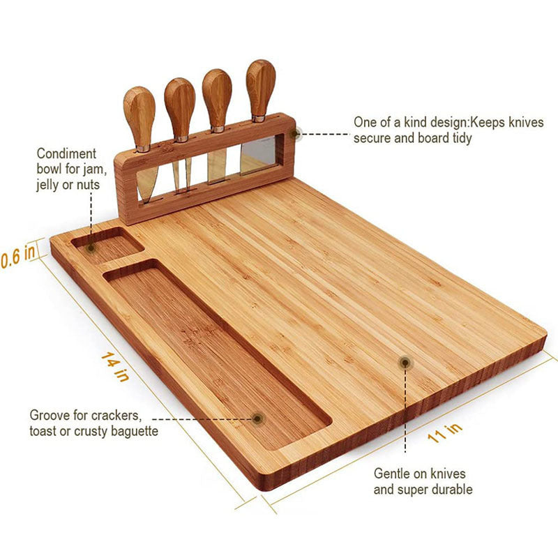 Bamboo Cheese Board and Knife Set 14X11 inch - Wood Cheese Cutting Board, Serving Tray Platter, Charcuterie Board Set with 4 Cheese Knives