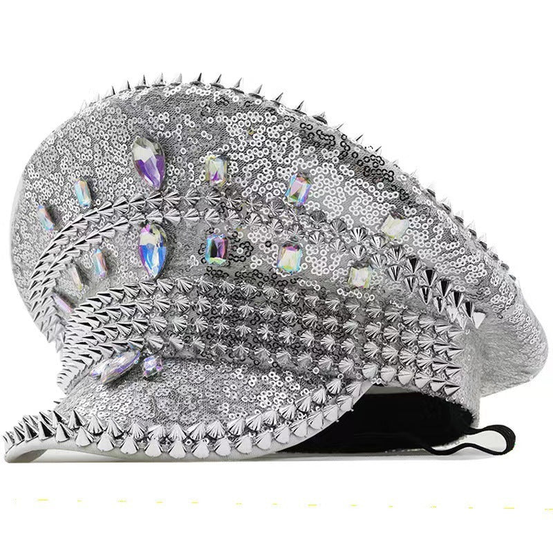 Sombrero de fiesta con remaches de diamantes de imitación para mujer, de moda europea y americana, para exportación transfronteriza, de talla única, estilo punk genial