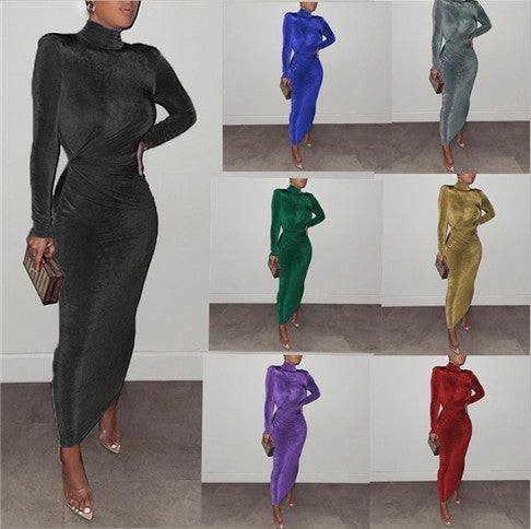 Women's Shoulder Padded Half Turtleneck Pleated Slim Waist Long Sleeve Long Dress