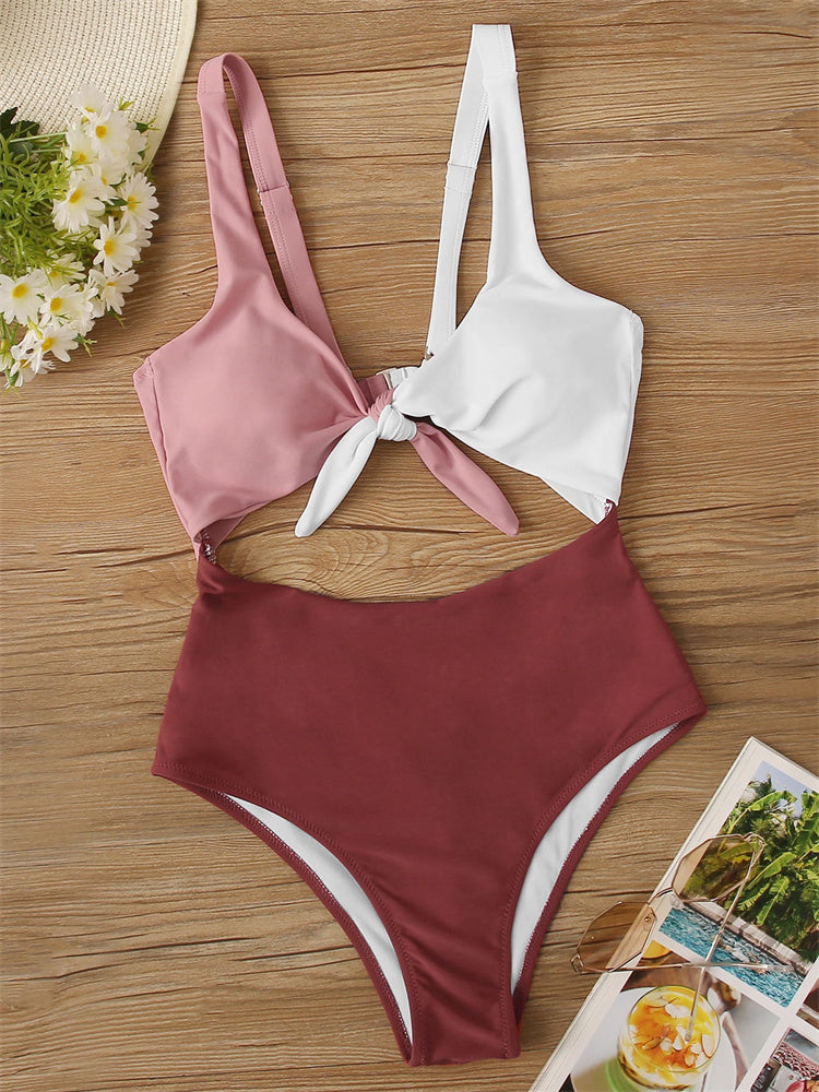 Colorblock Chest Knotted One Piece Swimsuit Two Piece Bikini