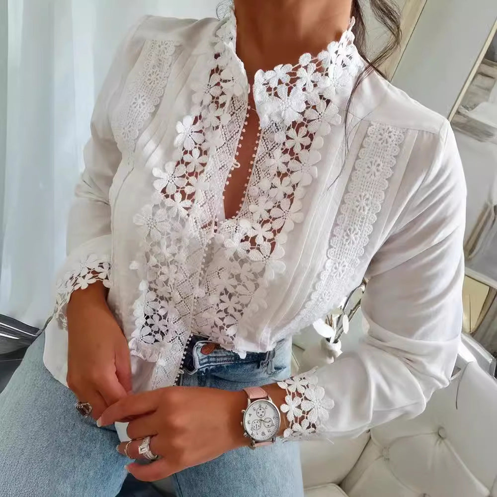 Camisa de manga larga con encaje floral blanco para mujer