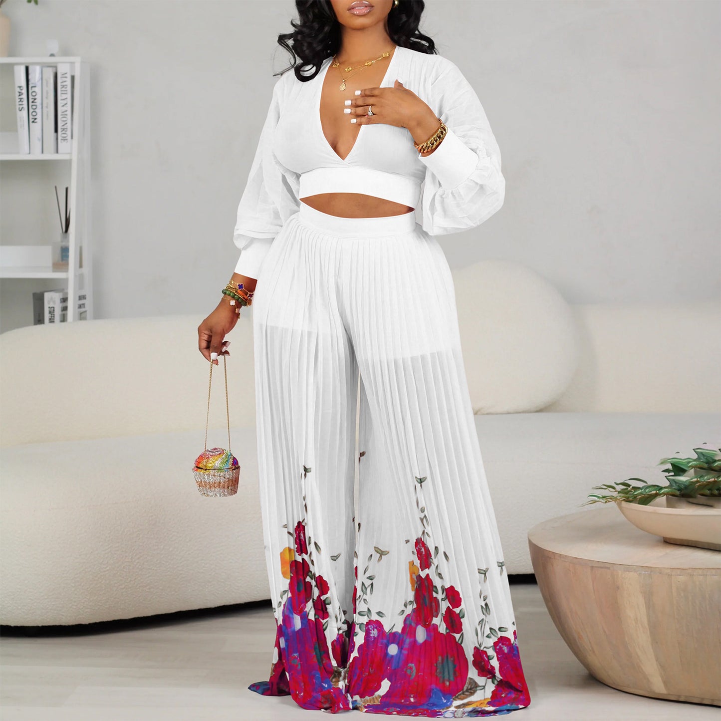 V-neck Chiffon Bishop Sleeves Top Pleated Wide-leg Pants Two-piece Set