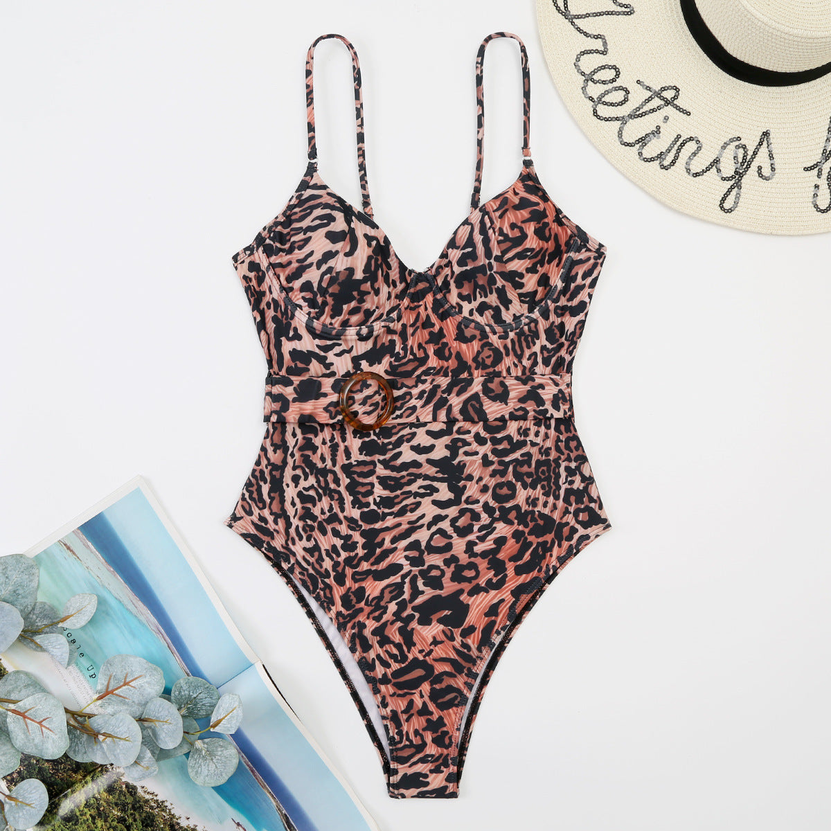 New Leopard-print One-piece Swimming Suit Strappy Low-cut Belt