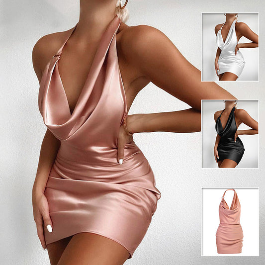 Satin Party Dress V Neck Backless Mini Sleeveless Party Dress