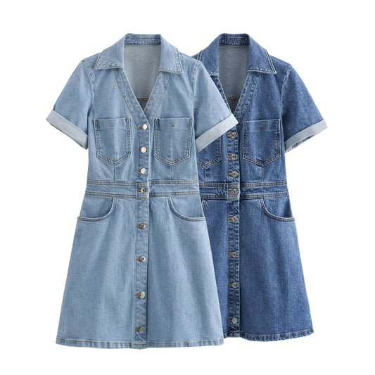 New Fashion Casual Breasted Mini Waist Denim Dress