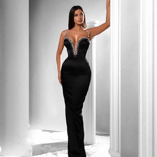 Women's Clothing Sexy Heavy Industry Rhinestone Deep V-neck Mesh Camisole Dress