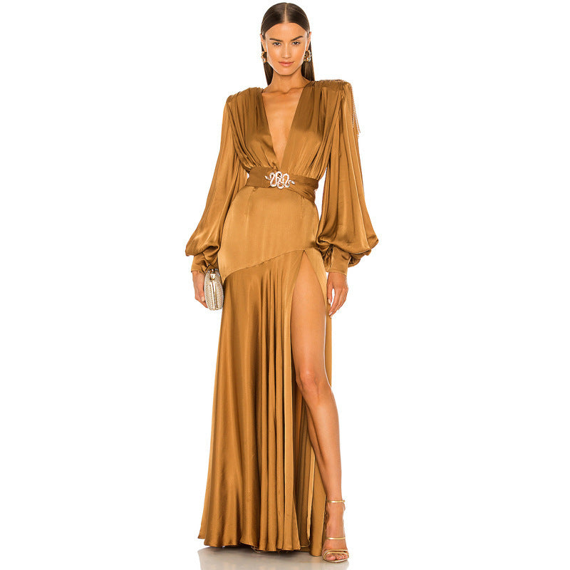 Flared Sleeve Slit Elegant Pleated Dress