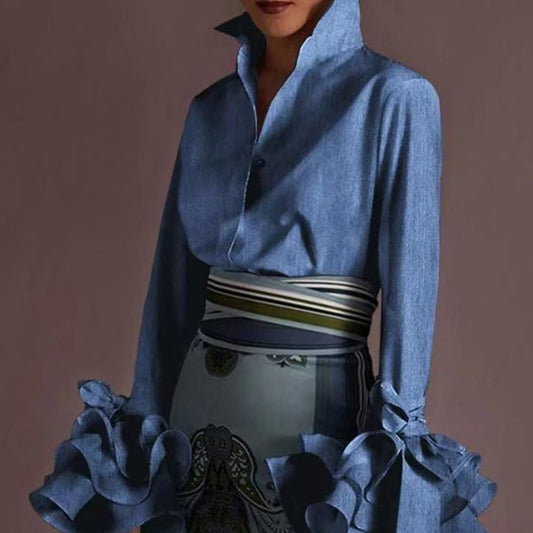 Chemise à manches longues plissée à volants et manches évasées pour femme