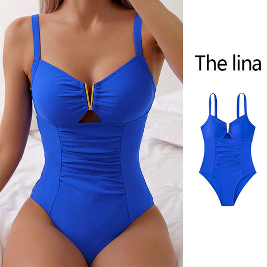 V-neck Hollow One-piece Bikini Beach Fashion Pleated Belly Slimming Swimsuit