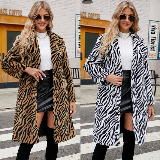 Fashion Leisure Suit Collar Artificial Leather Fur Coat Zebra Pattern Plush Long Coat