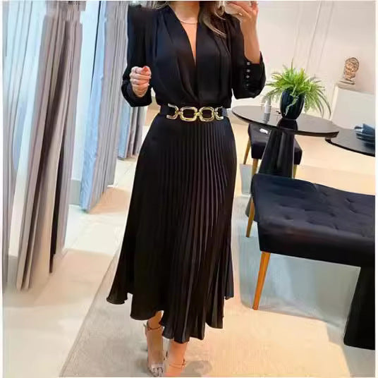 New Solid Color Plus Size Pleated Long Dress