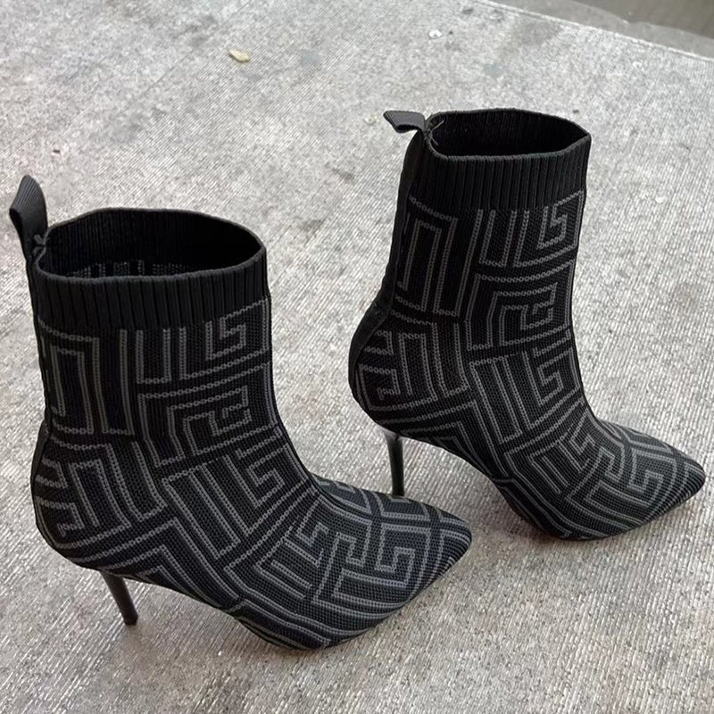 Botines de moda para mujer, botas de tacón alto hasta el muslo, zapatos con punta puntiaguda y estampado