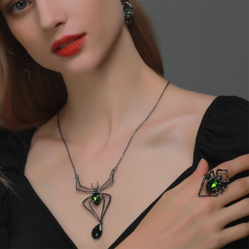 3pcs Halloween Drop-shapedp Spider Necklace Set With Earrings Ring Vintage Necklace Pendant