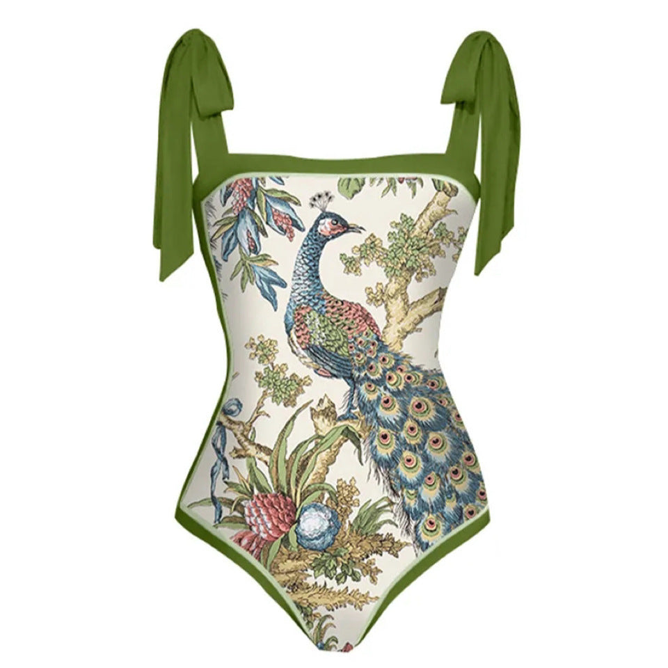 Traje de baño de una pieza con estampado de bikini de playa con tirantes de pavo real