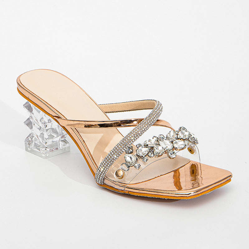 Square Head Rhinestones With Transparent High Heel Sandals