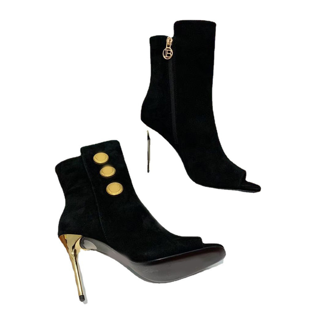 New Fish Mouth Metal Round Buckle Ankle Boots Super Stiletto Women's Shoes