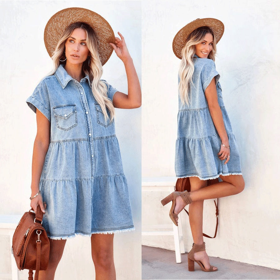 Fashion Loose Denim Shirt Short Sleeve Dress