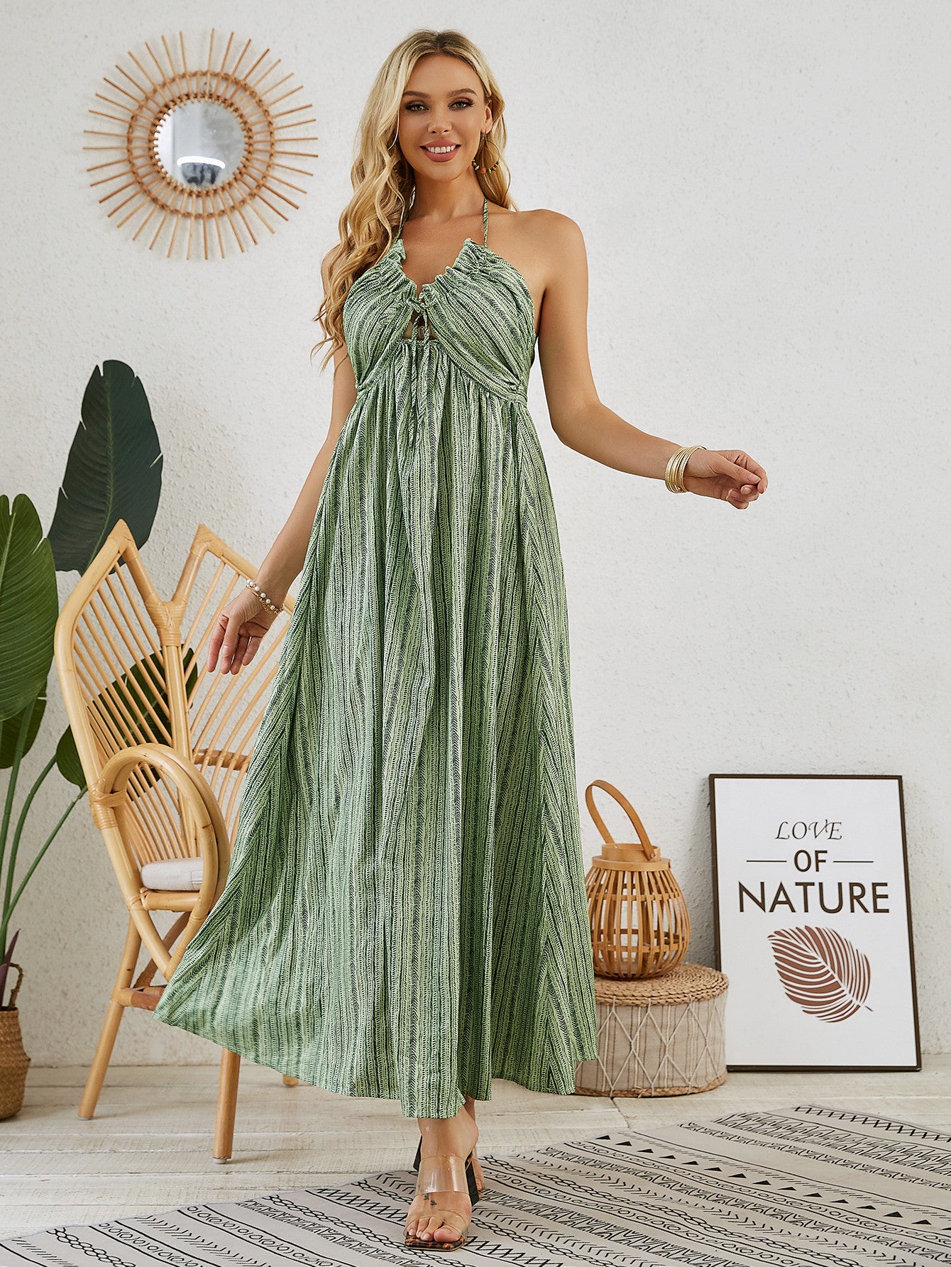 Bohemian Halter Maxi Dress - Women's Summer Sleeveless Flowy Beach Dress