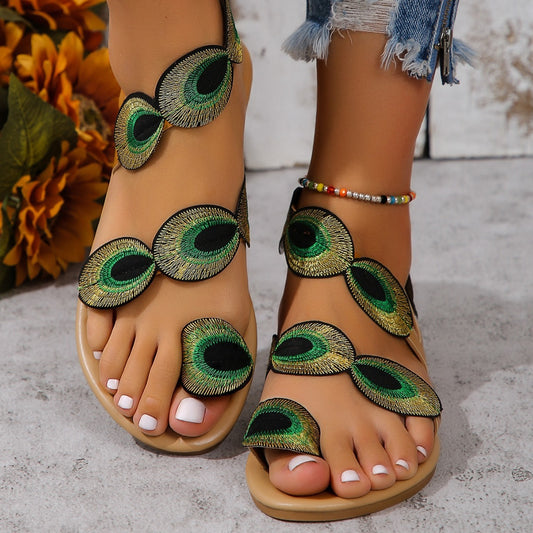 Fashion Peacock Embroidery Pattern Flat Sandals