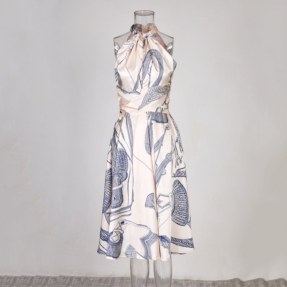 French Style Halterneck Printed Dress