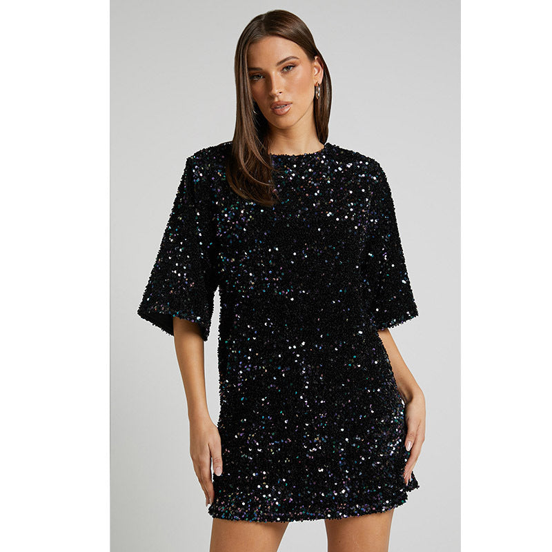 Velvet Sequin Fashion Elegant V-neck Backless Short Sleeve Dress