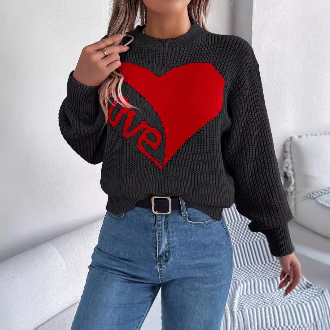 Love Print Pullover Sweater Autumn And Winter Loose Long-sleeved Knitted Tops For Women Valentine's Day Clothing