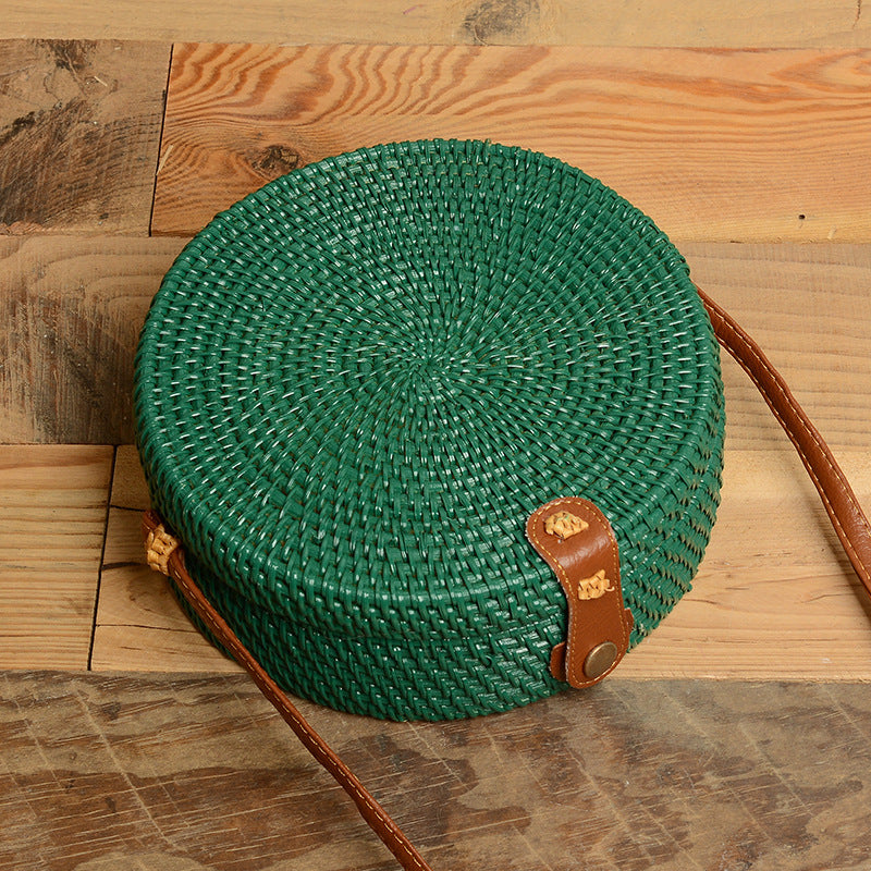 Handmade Rattan Weave Bag Dyed Straw Woven PU Shoulder Bag