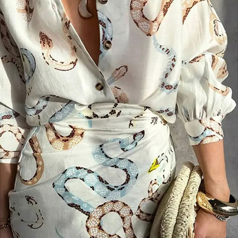 Snake Print Shirt And Skirt Suit Single-breasted Beach