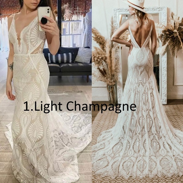 Vestido Bohemian Wedding Dress V Neck Lace Boho Spaghetti Straps Backless Beach Bridal Gowns Vestido De Novia Roycebridal