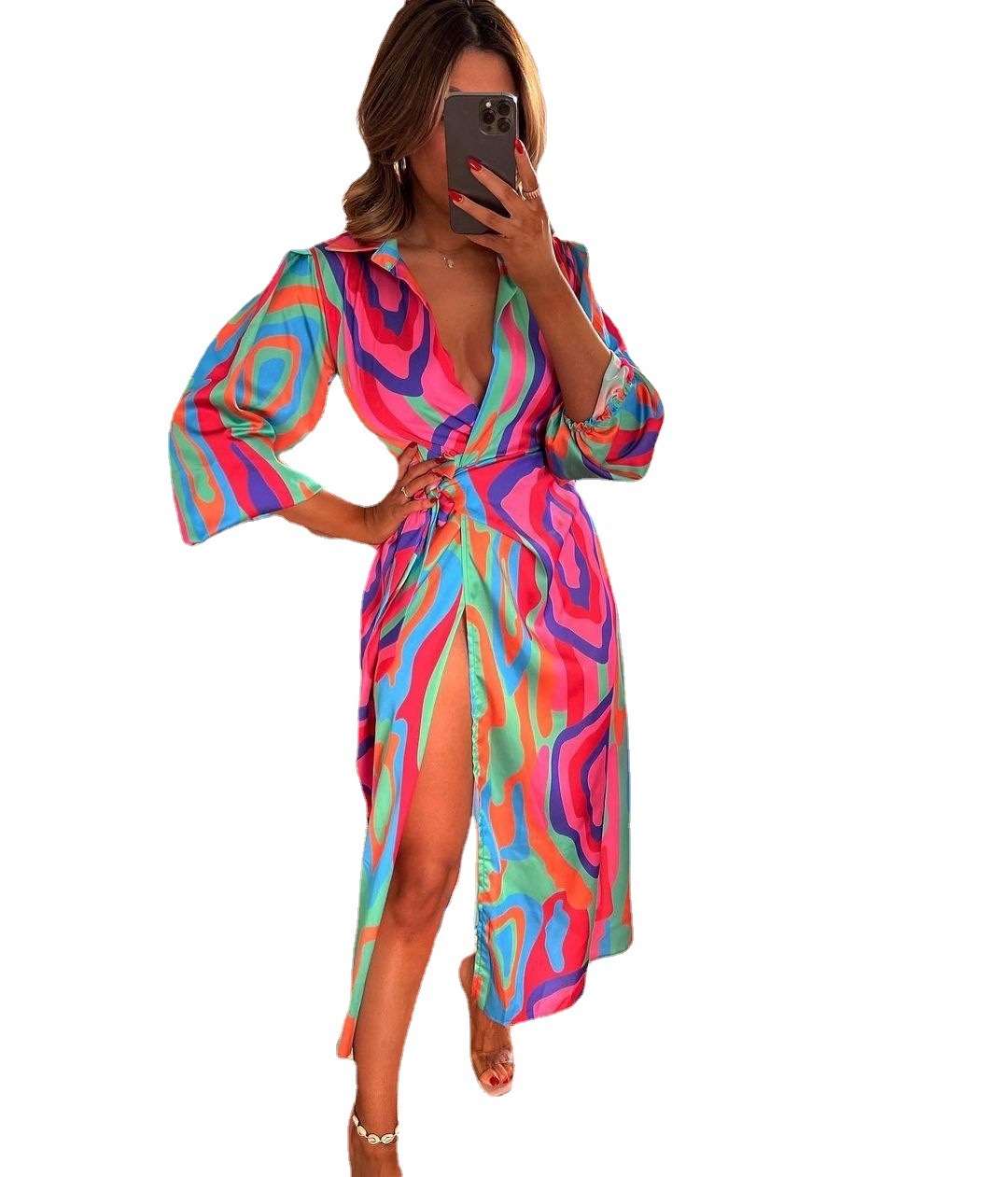 Fashion Print Balloon Sleeve Tie Slit Wrap Dress