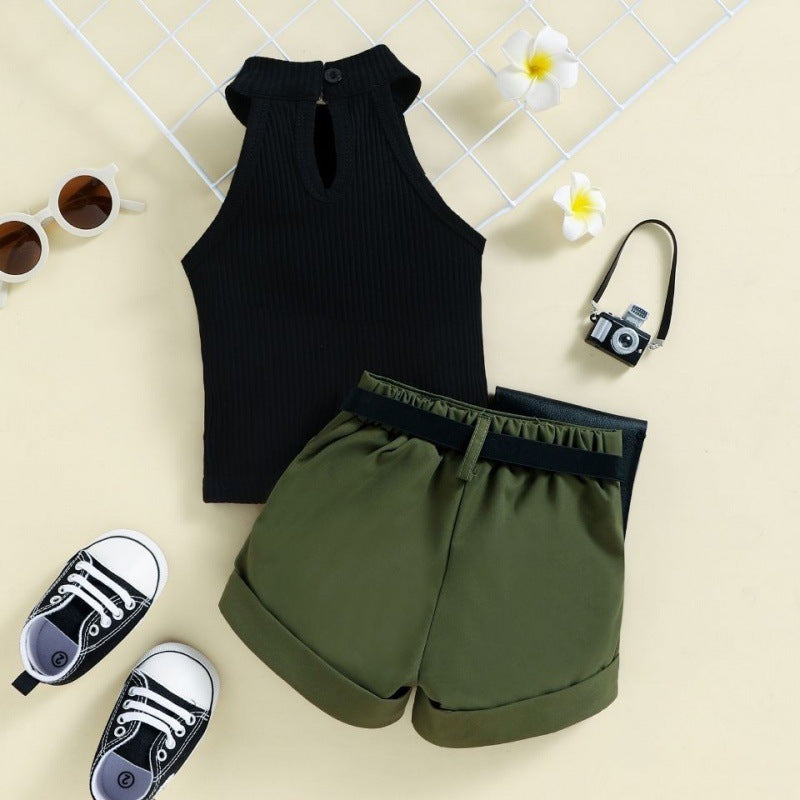 Baby Girl Halter Sunken Stripe Vest Top Shorts Waist Bag Little Girl Three-piece Suit