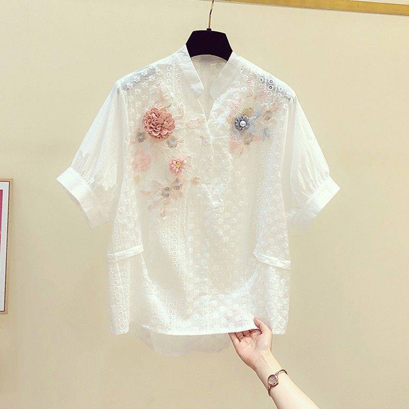 Camisa de algodón de manga corta con cuello de flores y bordado Retro estilo informal para mujer