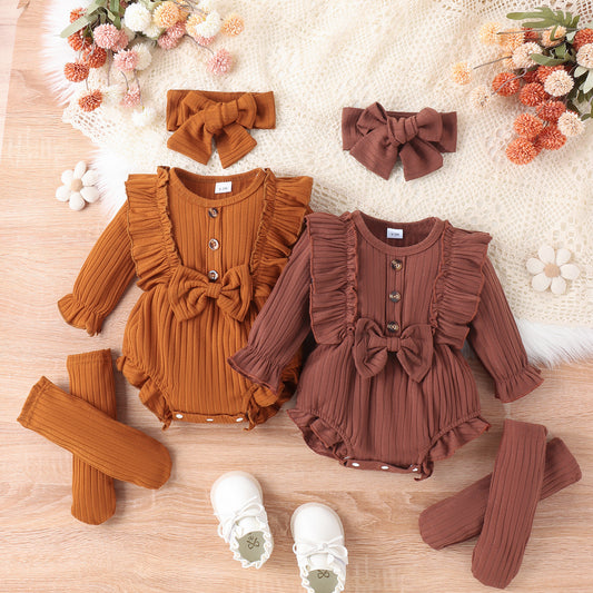 Girls Fashion Simple Sunken Stripe Long Sleeve Bowknot Siamese Triangle Romper With Long Socks