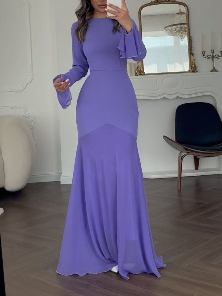 Round Neck Bell Sleeve Fishtail Maxi Dress