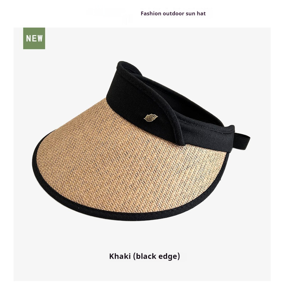 South Korea Encrypted Leaf Label Topless Straw Hat Wide Brim Face Cover Sun-proof Outdoor