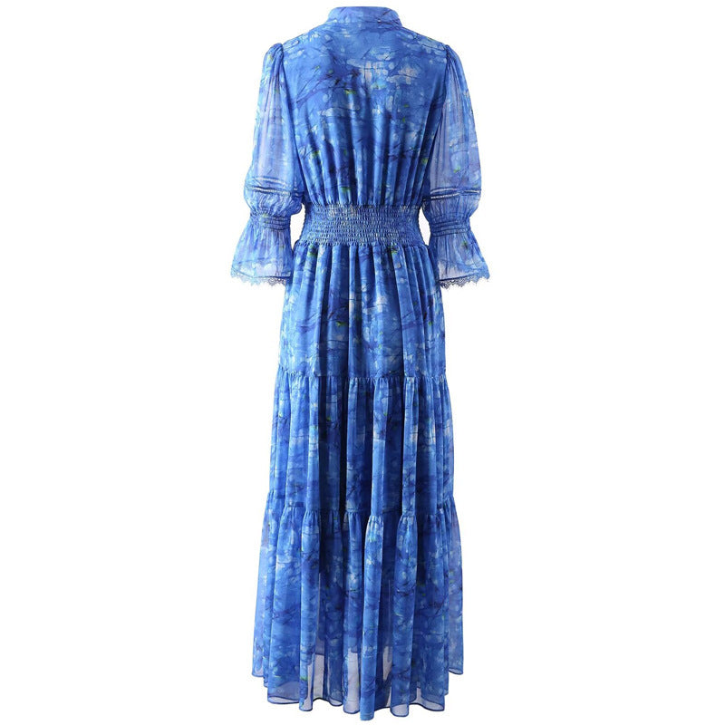 V-neck Blue Printed Flared Short Sleeve Chiffon Dress