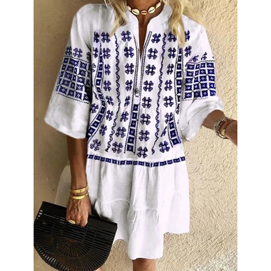 V-Neck Loose Print Dress