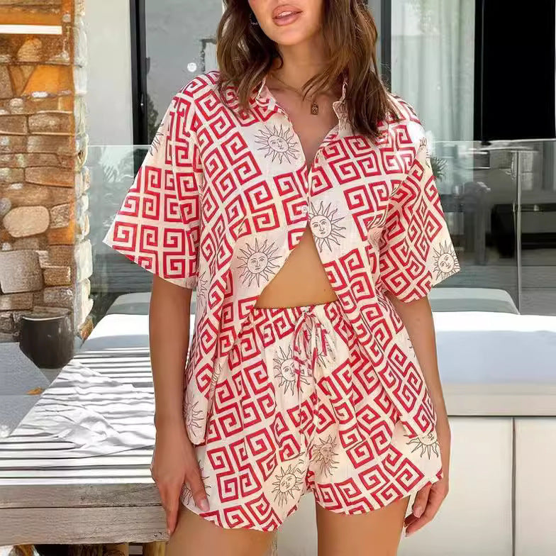 Traje cárdigan con camisa estampada 3D para vacaciones de ocio a la moda europea y americana