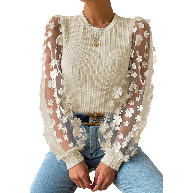 Camisa de gasa con flores pequeñas de malla para mujer Top de manga larga con cuello redondo