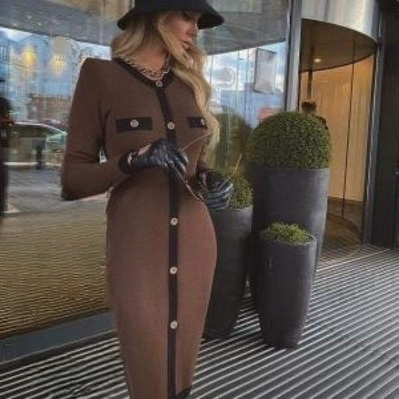 Sexy Tight Vintage Long Sleeve Bandage Dress Button Stretch