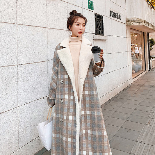 Fashion Women's Plush Thick Woolen Plaid Jacket